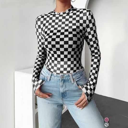 VVZ Women's & Chessboard Pattern Mesh Long Sleeve Top