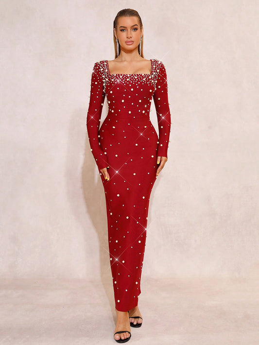 VVZ Fitted Square-Neck Maxi Dress with Beading and Rhinestone Embellishments