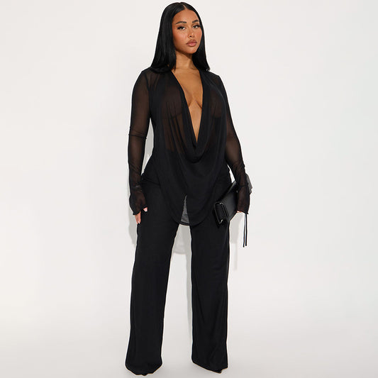 VVZ Deep V-Neck Mesh Top Paired with Wide-Leg Pants