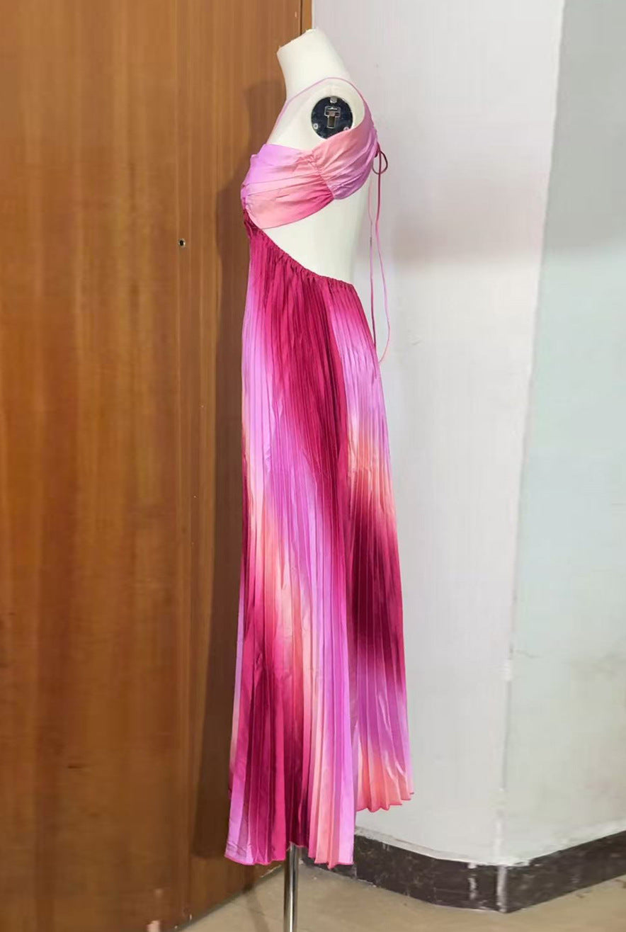 VVZ Pink Ombré Pleated Satin Long Gown