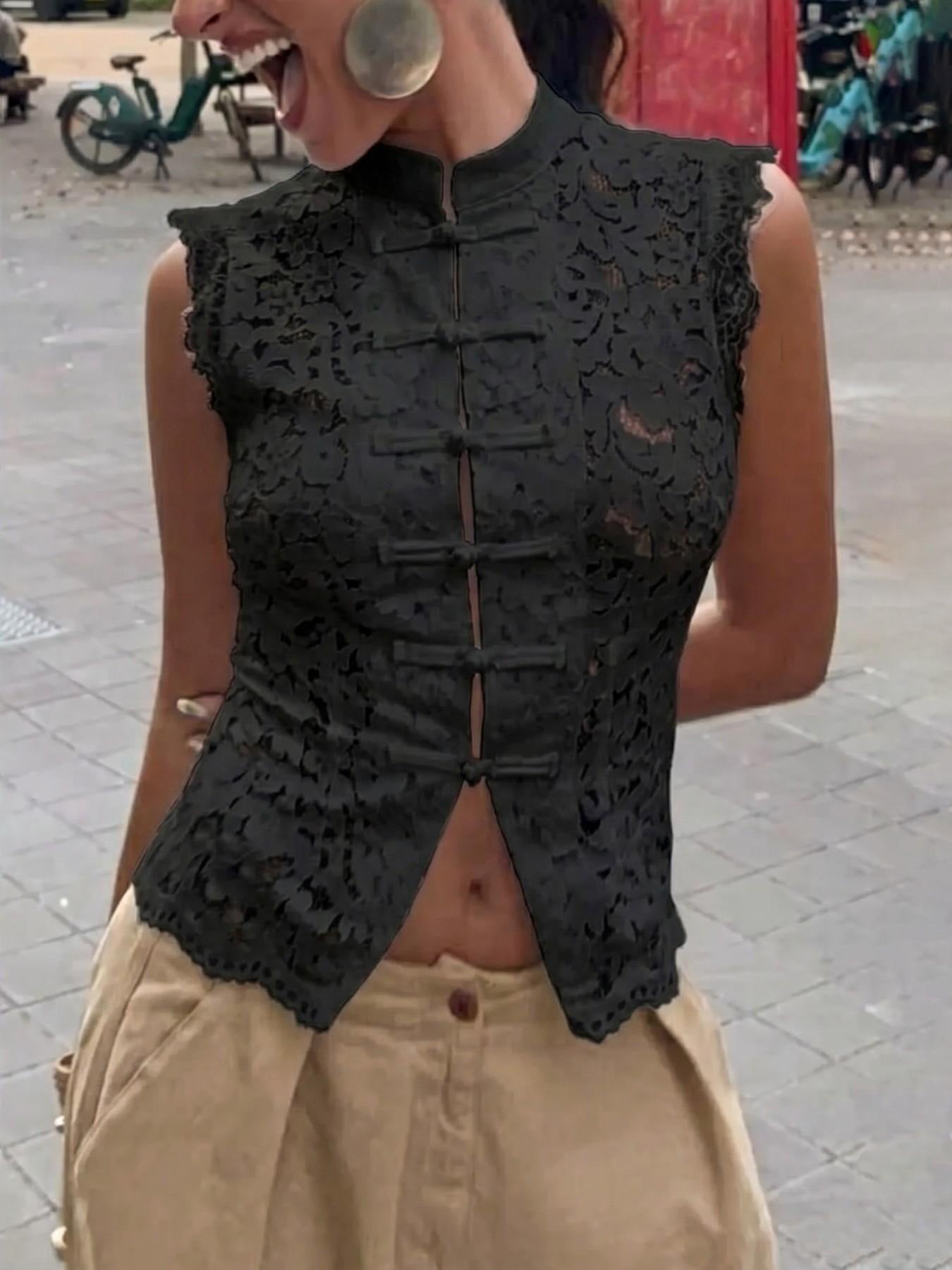VVZ Women's Summer Lace Stand-Collar Top