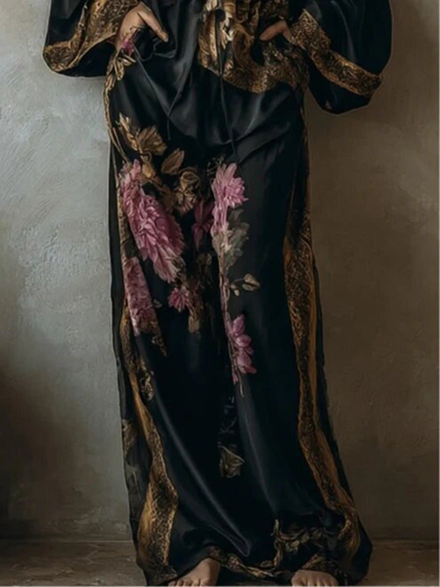 VVZ Sexy deep-V top with retro print and wide-leg trousers