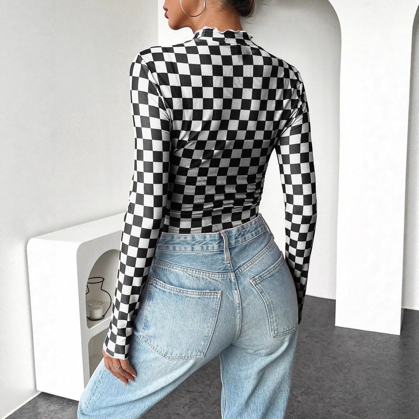 VVZ Women's & Chessboard Pattern Mesh Long Sleeve Top