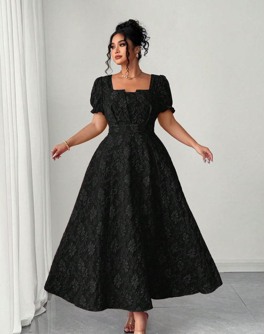 VVZ Plus-Size Embroidered A-Line Maxi Dress with Square Neckline, Puff Sleeves, and Tie Detail