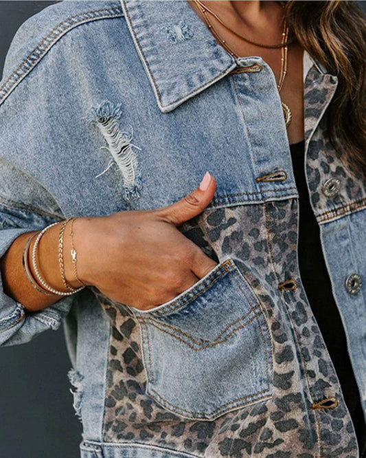 VVZ Women's Long-Sleeve Denim and Leopard Print Patchwork Jacket