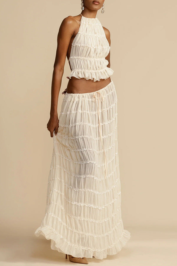 VVZ Sleeveless Ruched Halter Top and Long Skirt