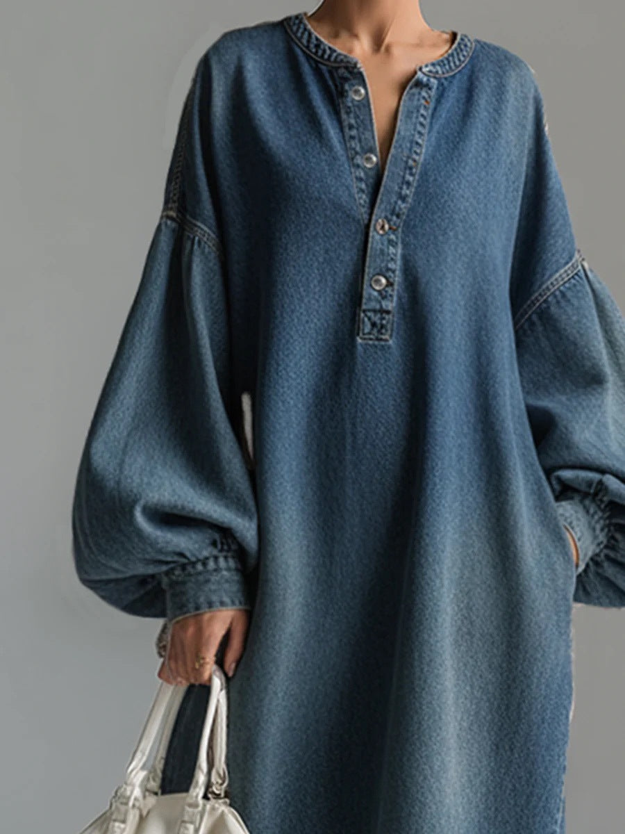 VVZ Distressed-finish denim midi skirt with a Polo-style stand collar