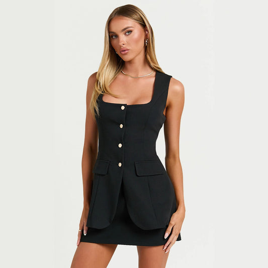 VVZ Sleeveless Button-Front Suit Vest Top and Skirt Set