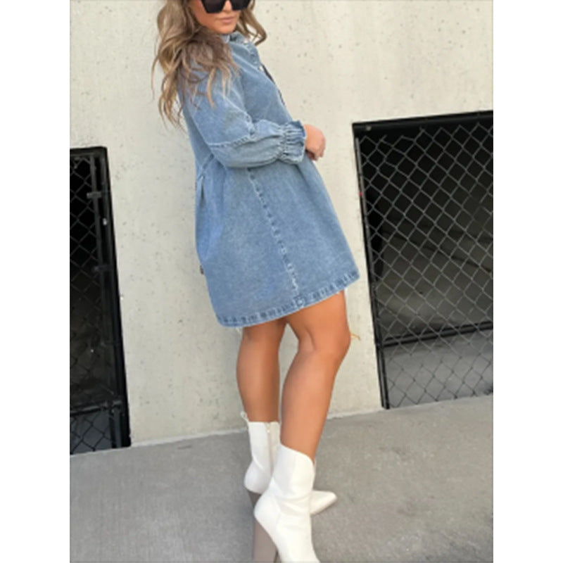 VVZ Washed Denim Puff-Sleeve Mini Dress