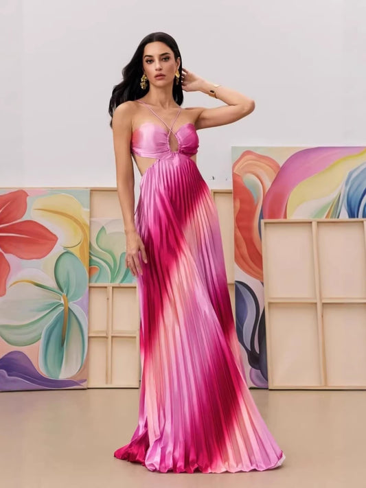 VVZ Pink Ombré Pleated Satin Long Gown