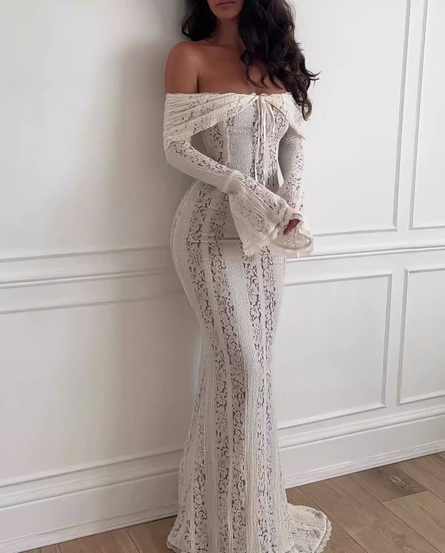VVZ Women's Plain Contrast Lace Off Shoulder Dress
