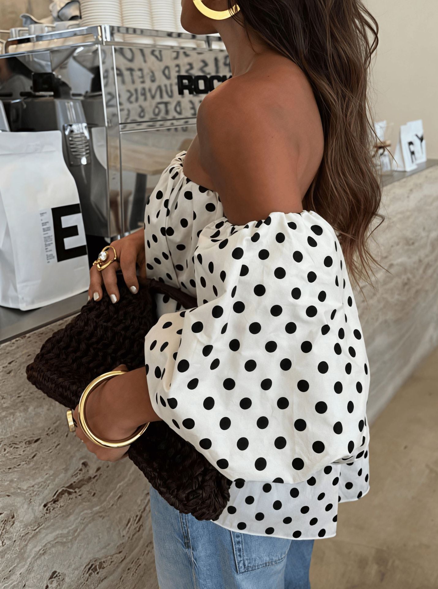 VVZ Women's Polka-Dot Color-Block Pleated One-Shoulder Top
