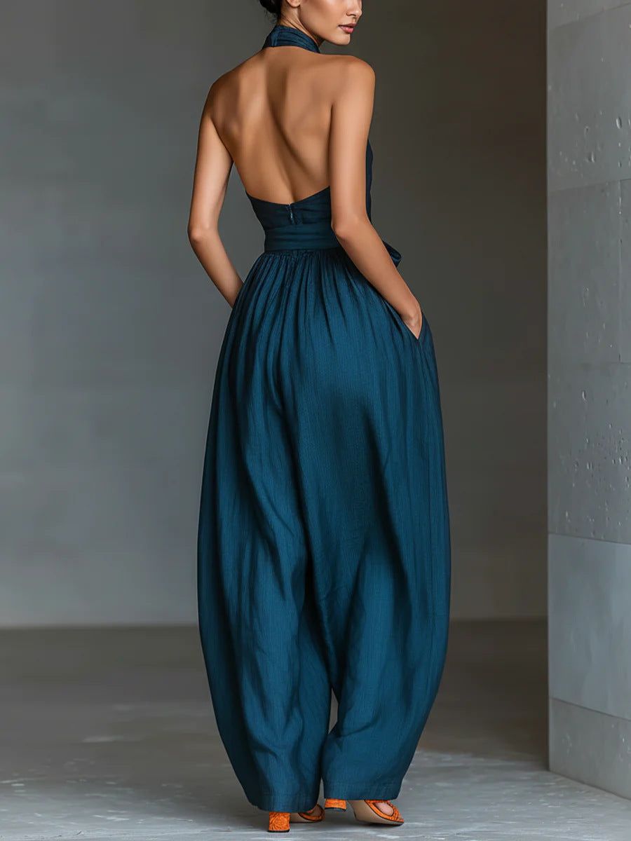 VVZ Women's Solid-Color Sleeveless Halter-Neck Tie-Front Jumpsuit