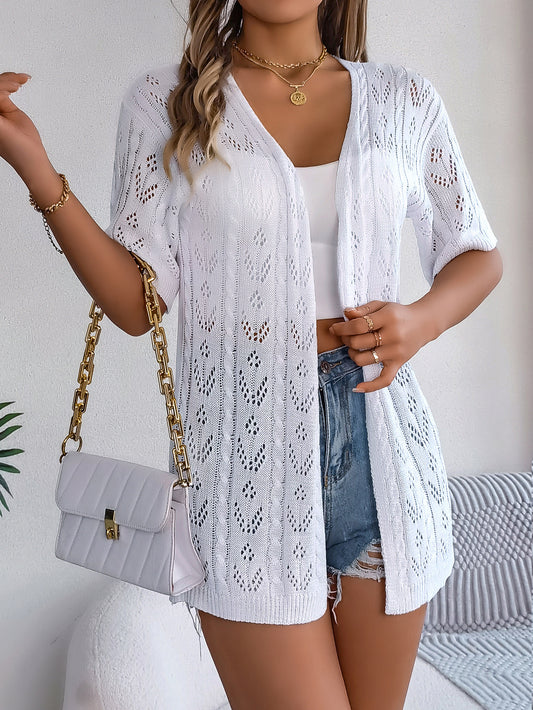 VVZ Women's Solid-Color Open-Knit Sheer V-Neck Drop-Shoulder Slim-Fit Cardigan