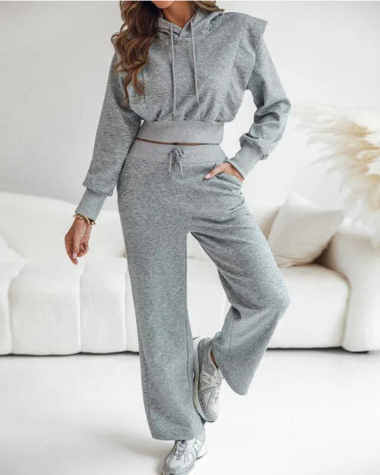 VVZ Hooded Long Sleeve Sweatshirt and Casual Wide Leg Sweatpants Set