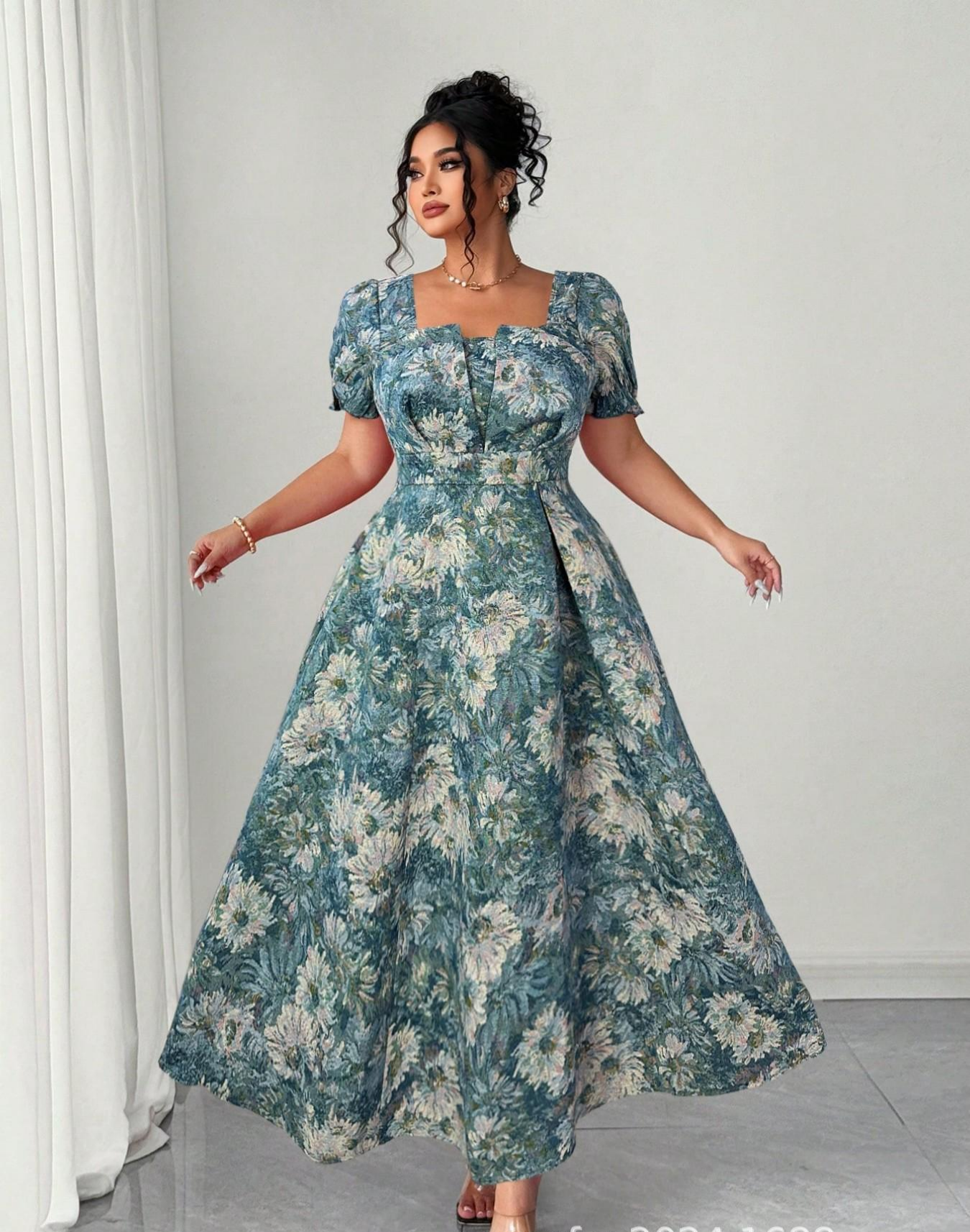 VVZ Plus-Size Embroidered A-Line Maxi Dress with Square Neckline, Puff Sleeves, and Tie Detail