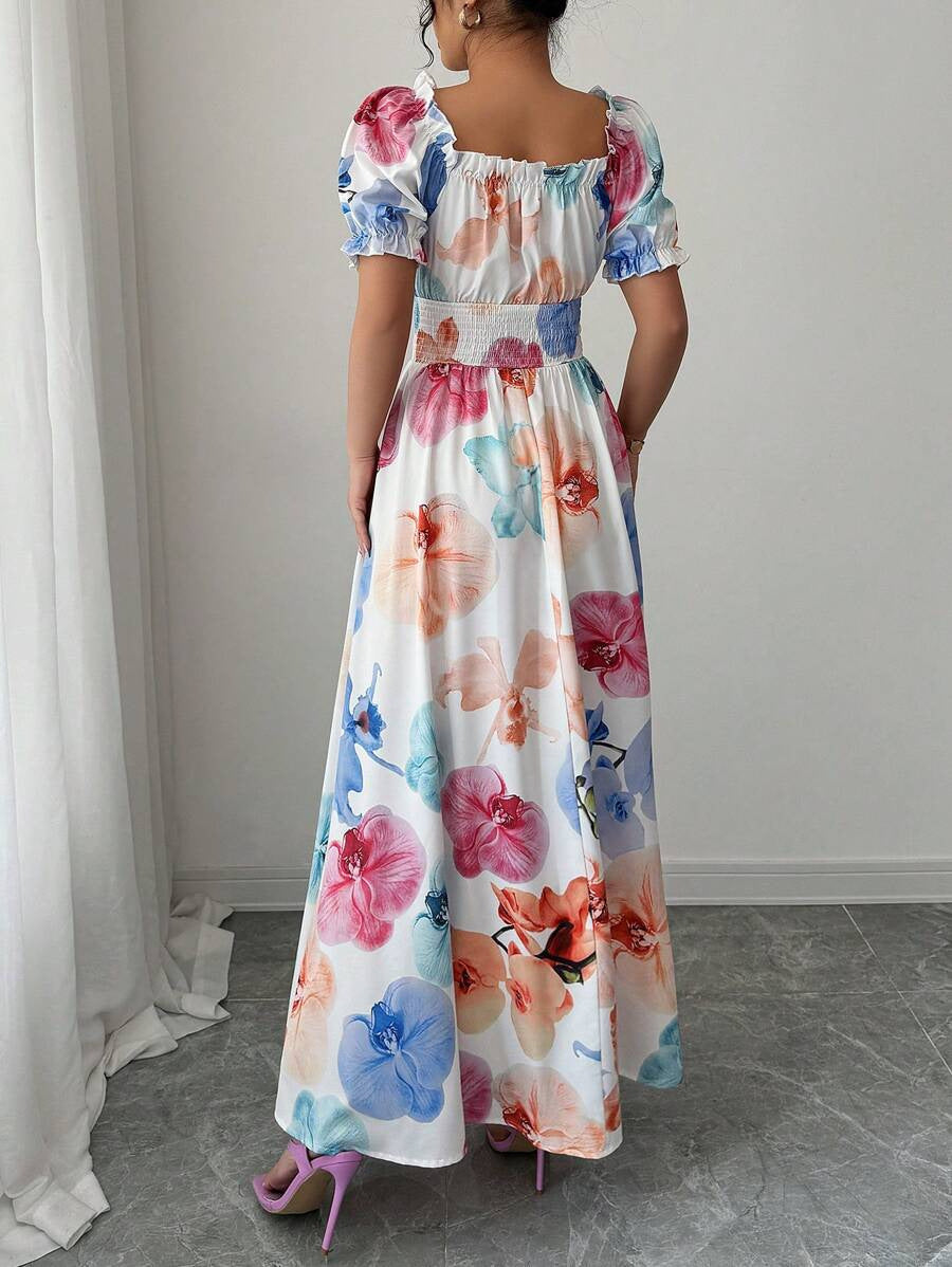 VVZ Printed puff-sleeve dress with a fitted waist