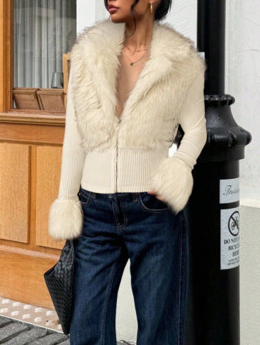 VVZ Women's Street Style Patchwork Knit Faux Fur Jacket