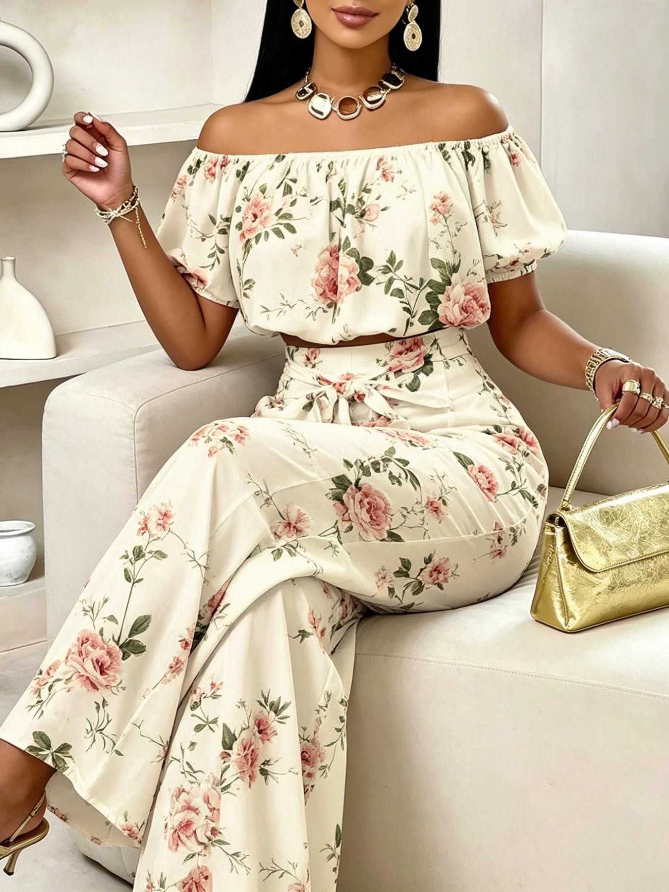 VVZ Off-Shoulder Puff-Sleeve Cropped Top and High-Waisted Drawstring Wide-Leg Pants
