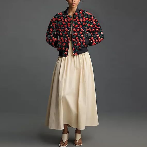 VVZ Women's Ramie Linen Embroidered Daisy Cropped Bomber Jacket