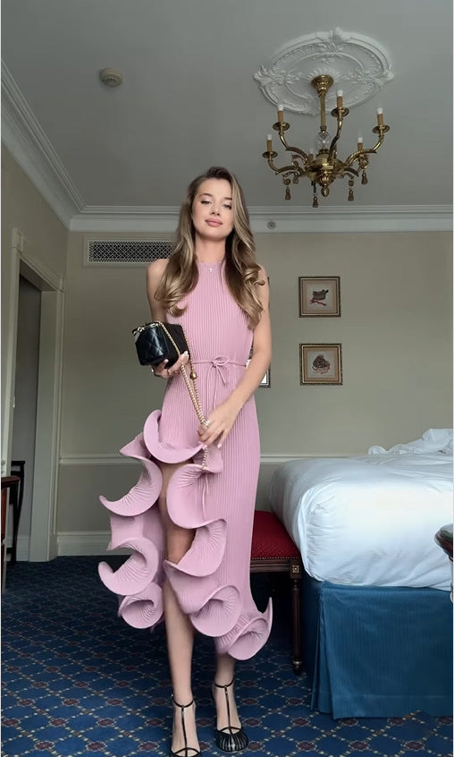 VVZ Irregular Ruffle, Sleeveless, Tie-Waist, Slim-Fit Dress