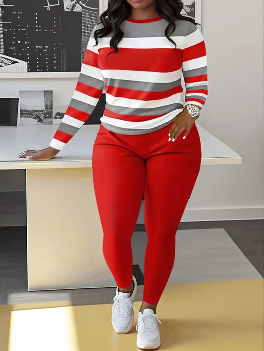 VVZ Color Block Crew Neck Top & Solid Color Pants Set