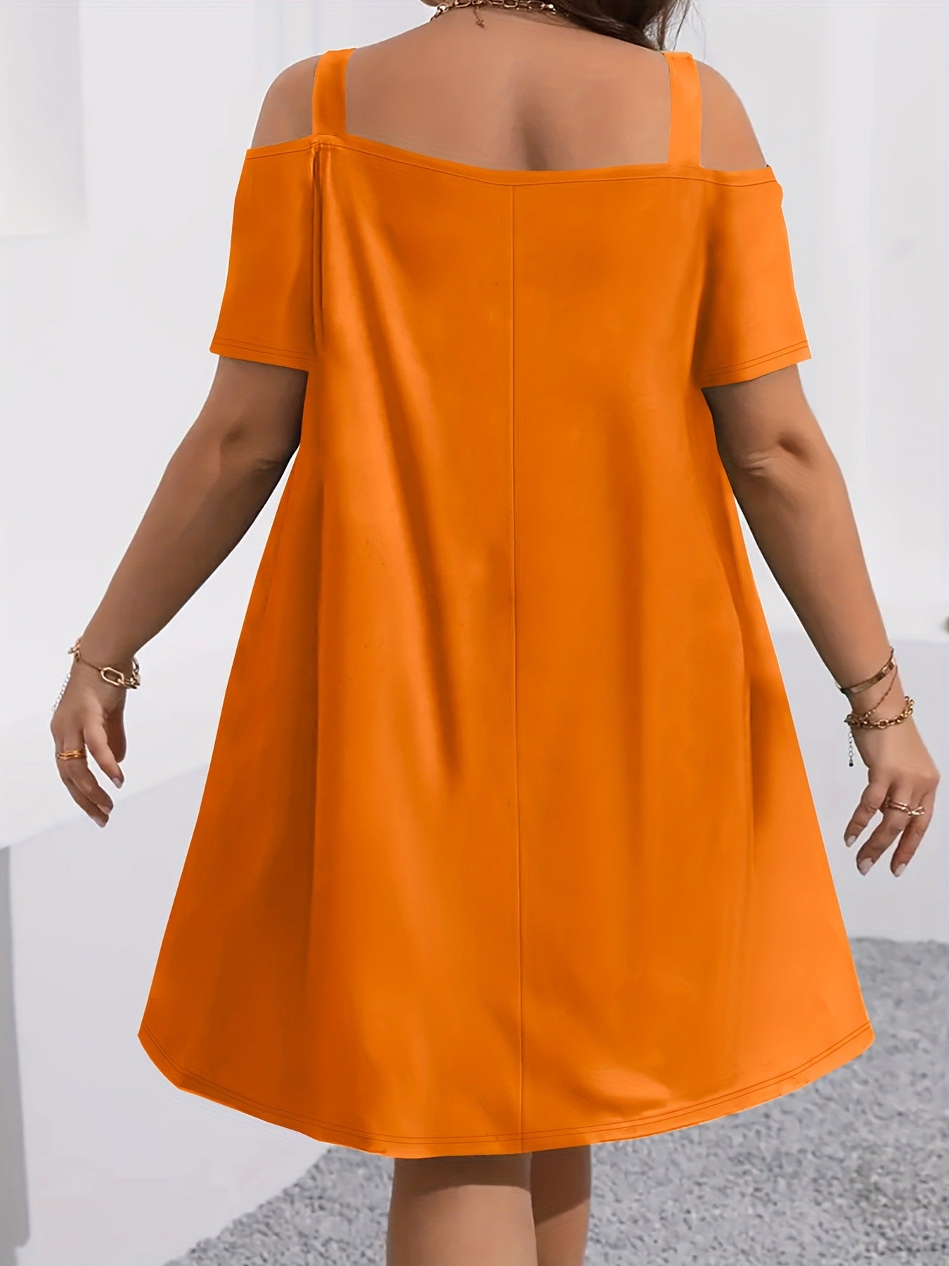 VVZ Plus-Size Women's Casual Midi Dress: Crew Neck, Short Sleeve, Cold-Shoulder, Slim Fit