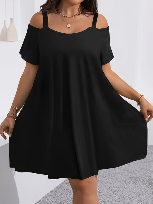 VVZ Plus-Size Women's Casual Midi Dress: Crew Neck, Short Sleeve, Cold-Shoulder, Slim Fit