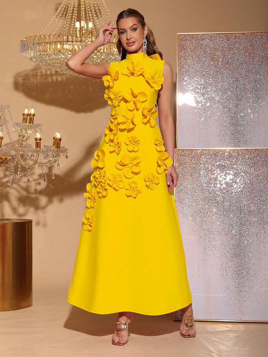 VVZ French-Style 3D Floral A-Line Maxi Dress