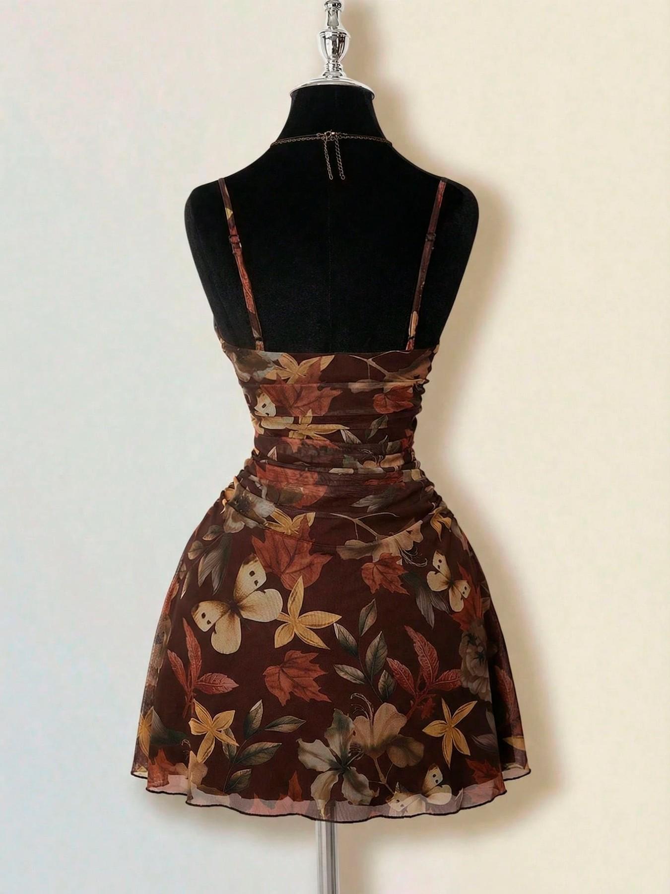 VVZ Women's Vintage Maple Leaf Print Ruched Mini Dress