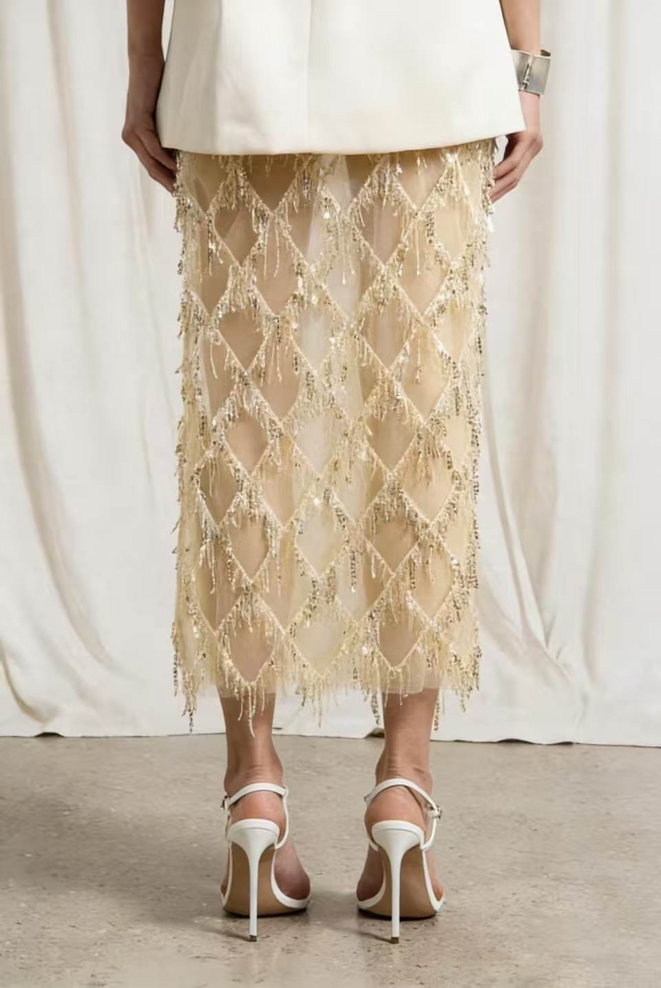 VVZ Women's Sequin-Embellished Midi Skirt — Side-Slit, Bodycon, Slimming, and Sheer Mesh Design