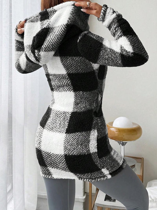 VVZ Women's Plaid Fleece Long Sleeve Hooded Coat, Mid-Weight Longline Outerwear