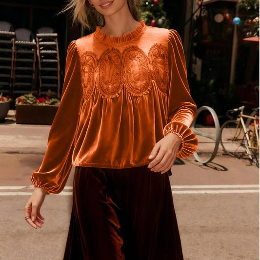 VVZ Women's Long Sleeve Velvet Trim Lace Blouse Elegant Flared Swing Top