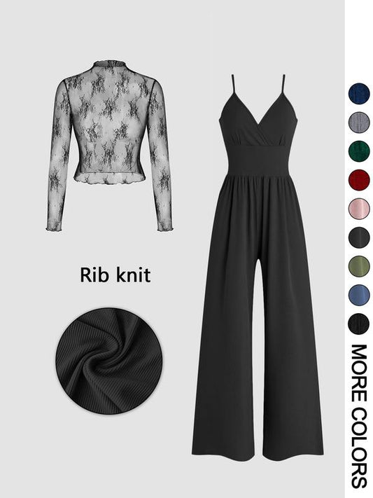 VVZ Women's Solid Color Lace Tee & Pocket Jumpsuit Two-piece Set