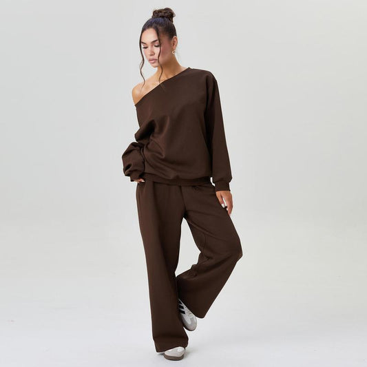 VVZ Women's Leisure Solid Color Sloping Shoulder Trousers Two Piece