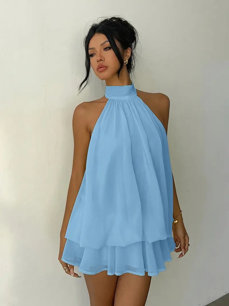 VVZ Women's Summer Casual Fashion Halter Tie Back Mini Dress