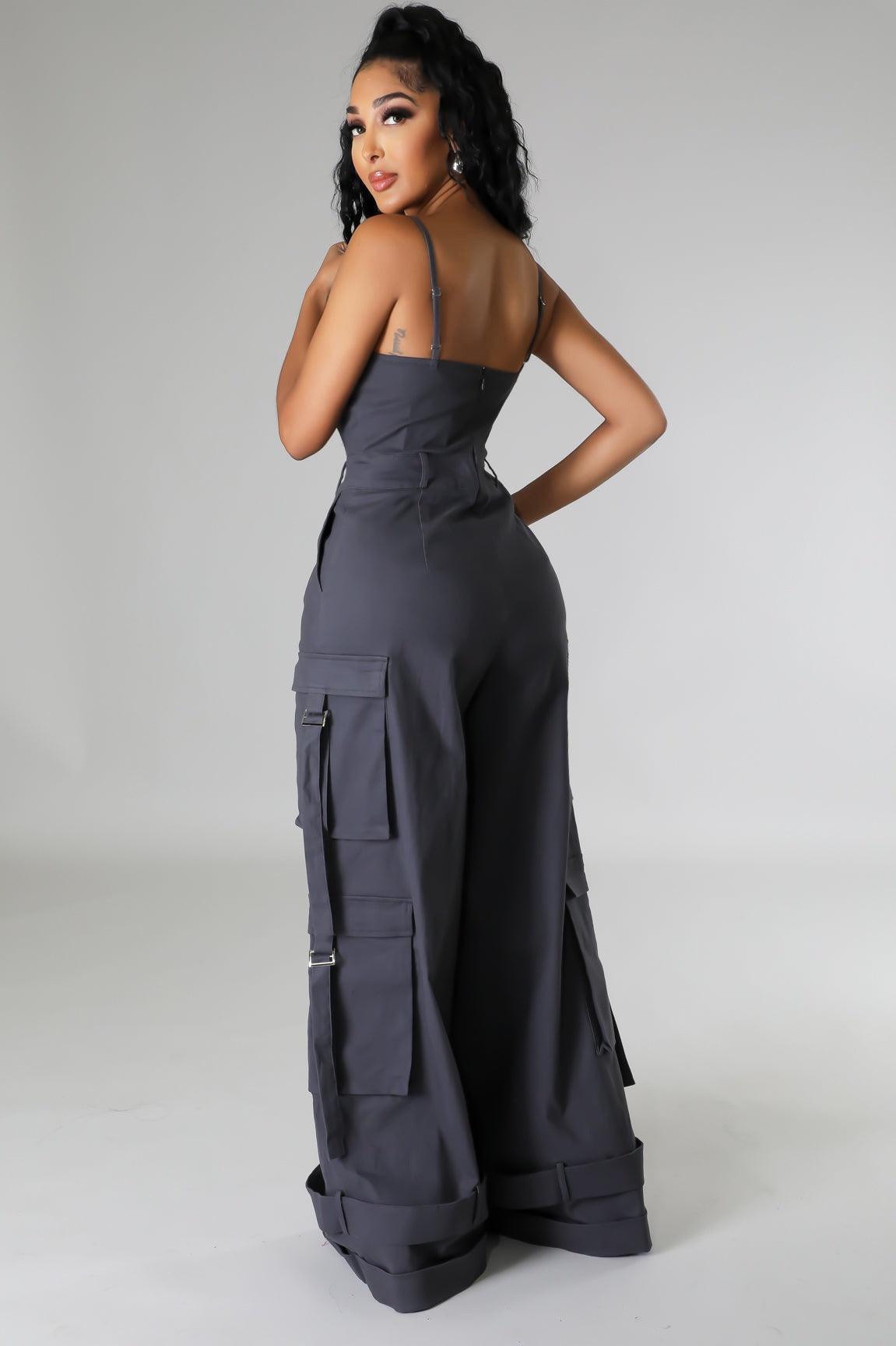 VVZ Women's Solid-Color Wide-Leg Cargo Jumpsuit