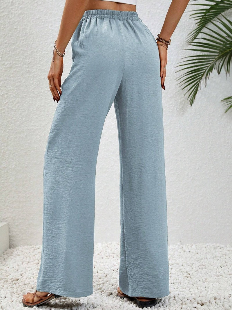 VVZ Women's Solid-Color Straight-Leg Pants with Pockets and Front Tie Closure