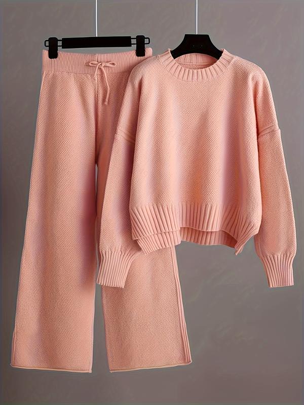 VVZ Women'S Oversized Round Neck Sweater & Wide-Leg Pants Two-Piece Set