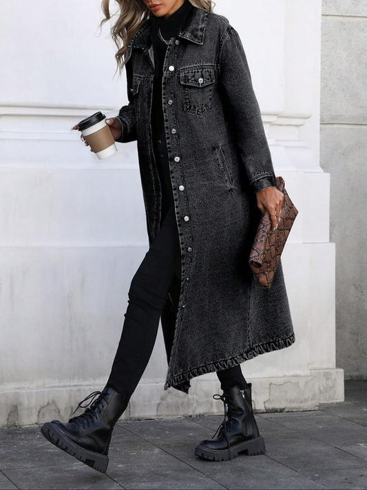 VVZ Women's Button Front Denim Coat, Elegant Casual Long Sleeve Outerwear