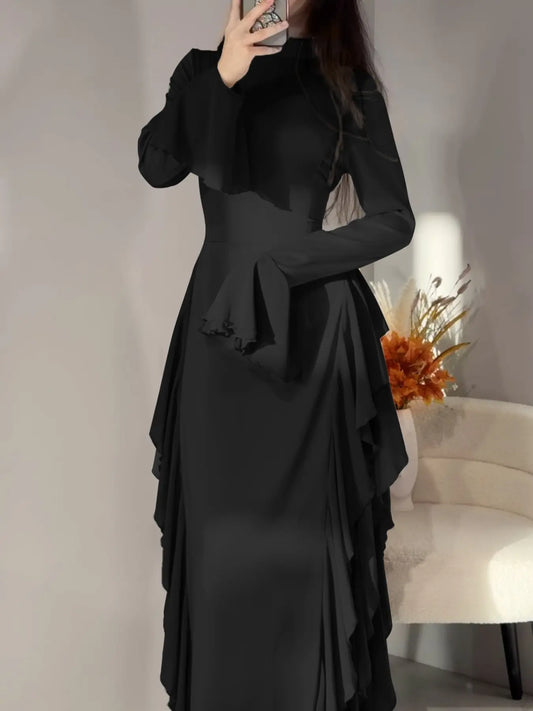 VVZ Solid-Color Waist-Cinching Maxi Dress with Flared Sleeves