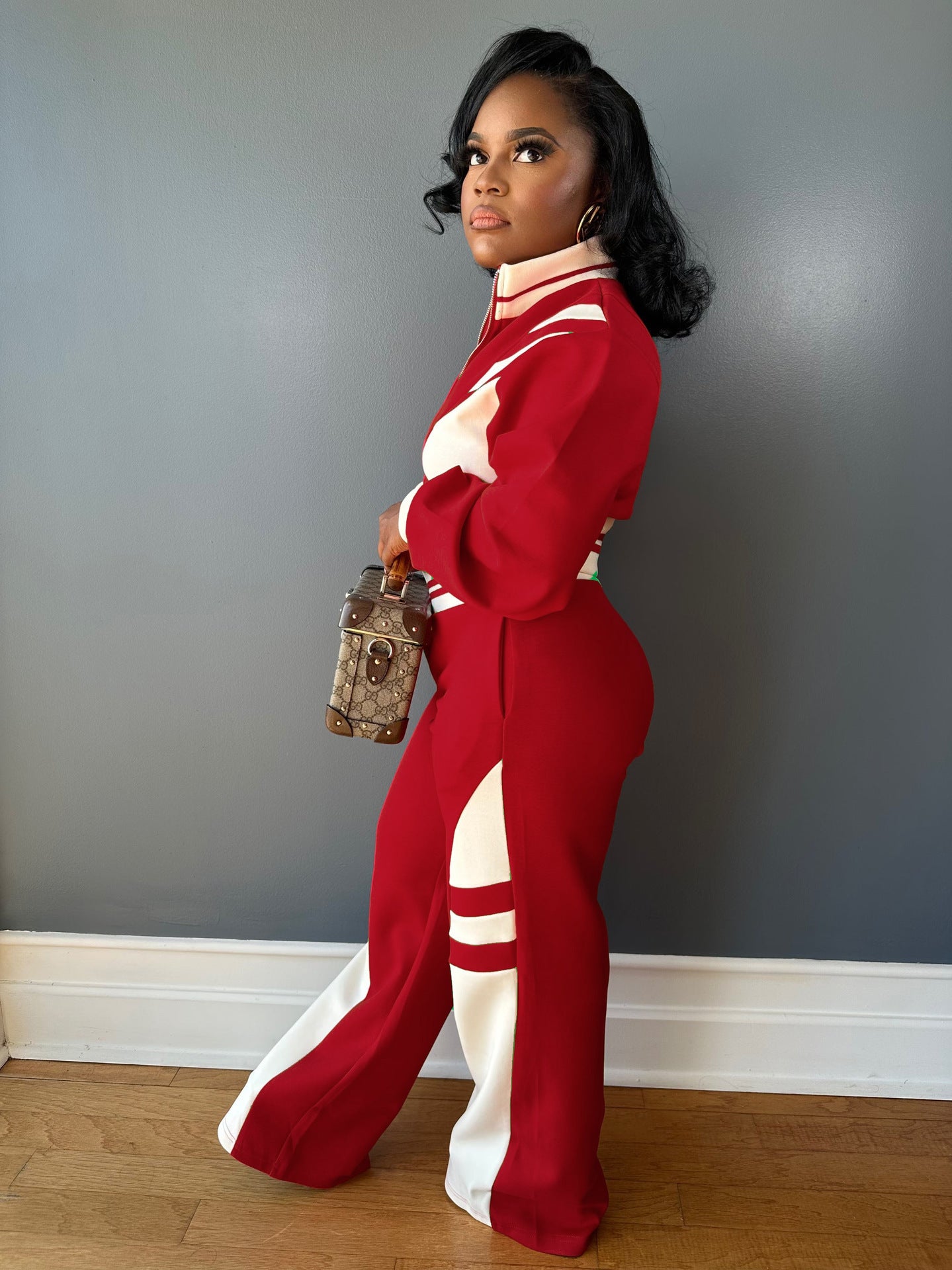 VVZ Women's Colorblock Print Zip Up Crop Jacket & Pants Two-piece Set