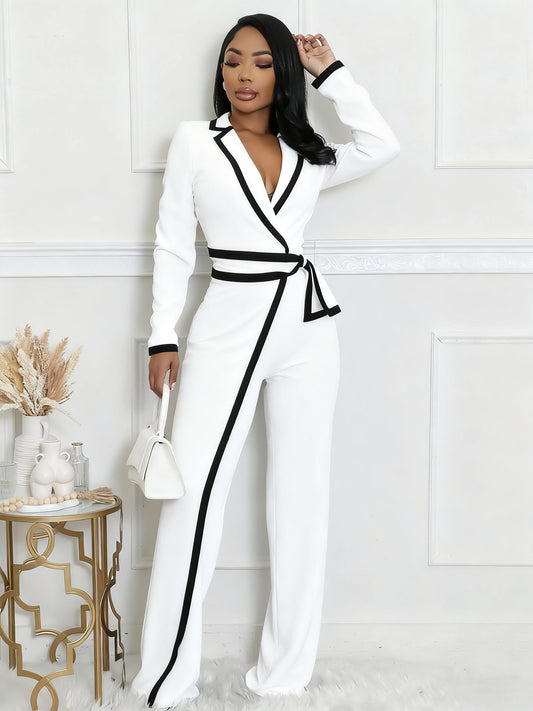 VVZ Women's Color-Block Patchwork Lapel Jumpsuit with Shoulder Pads