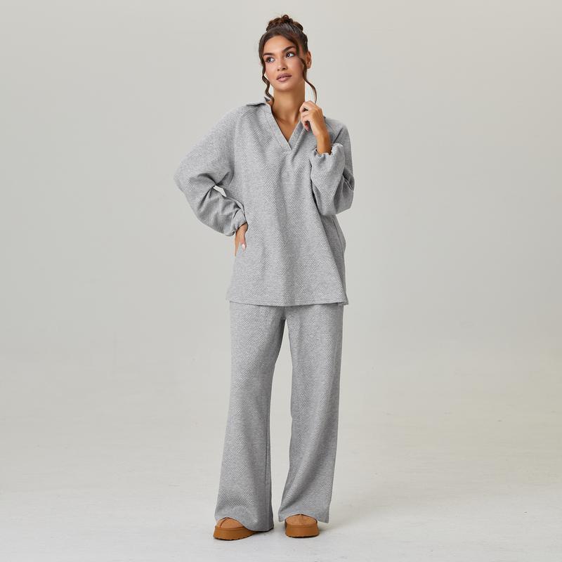 VVZ Women's Slouchy Solid Color V-Neck Loose Textured Pullover & Drawstring Waist Trousers Co-ord