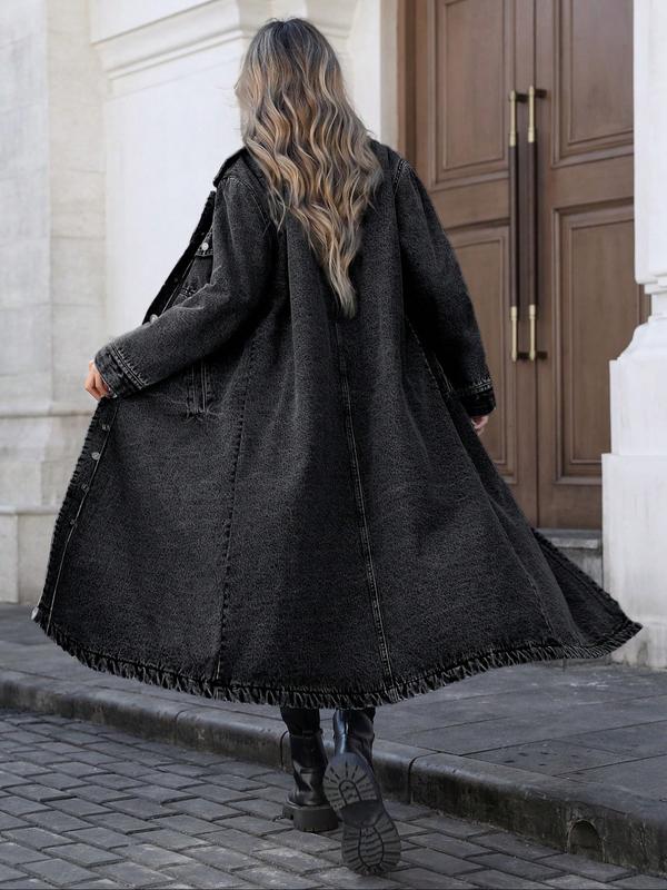 VVZ Women's Button Front Denim Coat, Elegant Casual Long Sleeve Outerwear