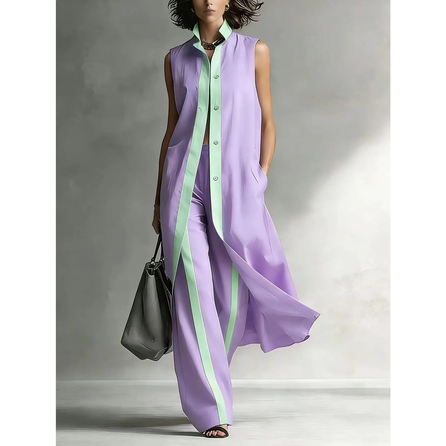 VVZ Sleeveless Long Vest and Wide-Leg Pants Set