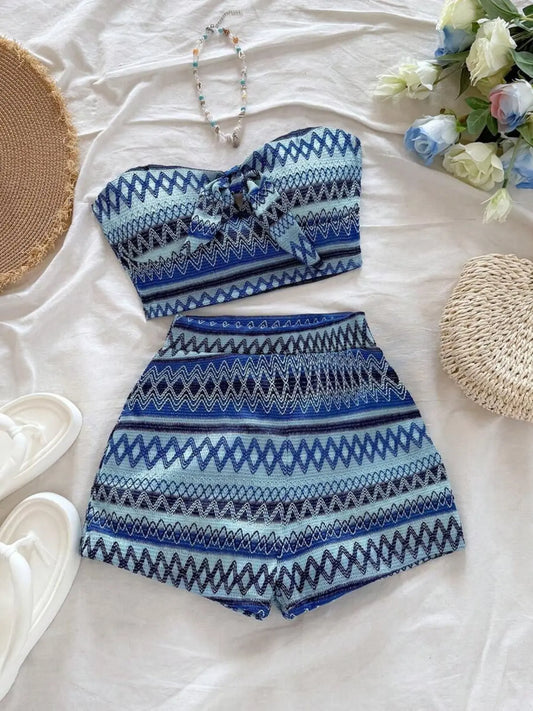 VVZ Women's Striped Cropped Bandeau Top and High-Waisted Shorts Set