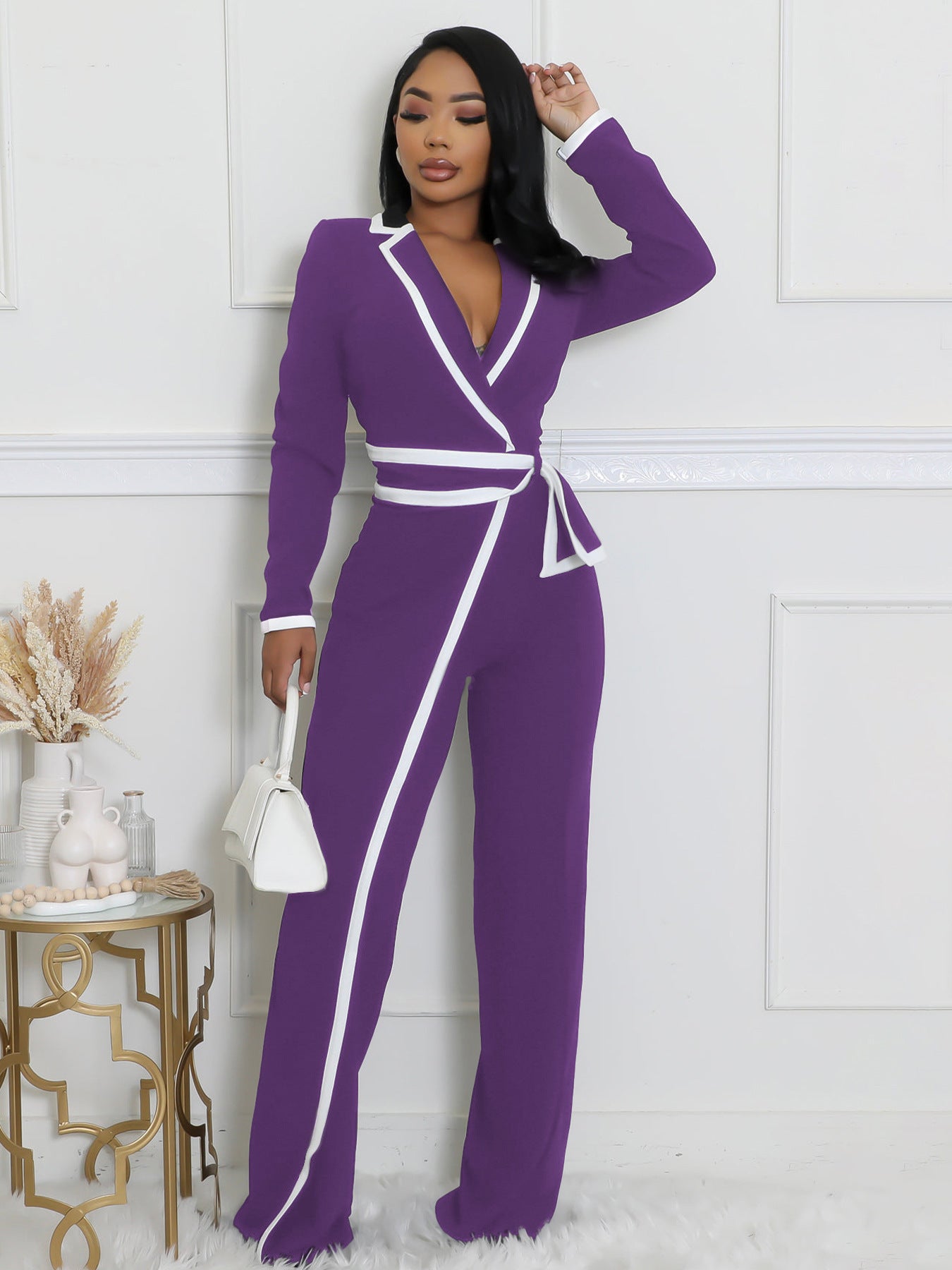 VVZ Women's Color-Block Patchwork Lapel Jumpsuit with Shoulder Pads