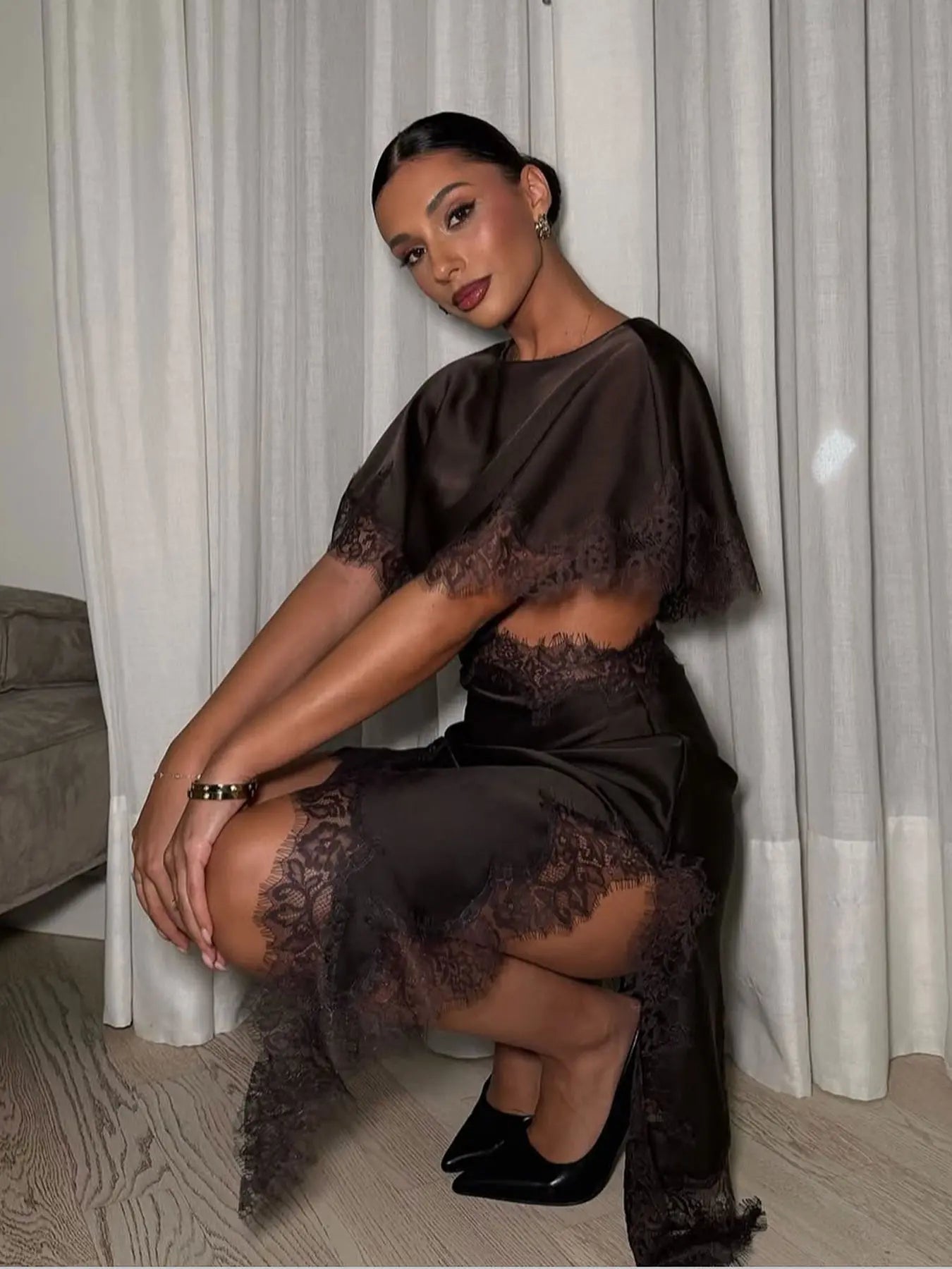VVZ Lace Mini Dress with Cape Sleeves