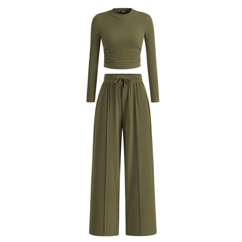VVZ 2-Piece Ribbed Knit Long Sleeve Crop Top Wide Leg Pants Matching Lounge Set Loungewear
